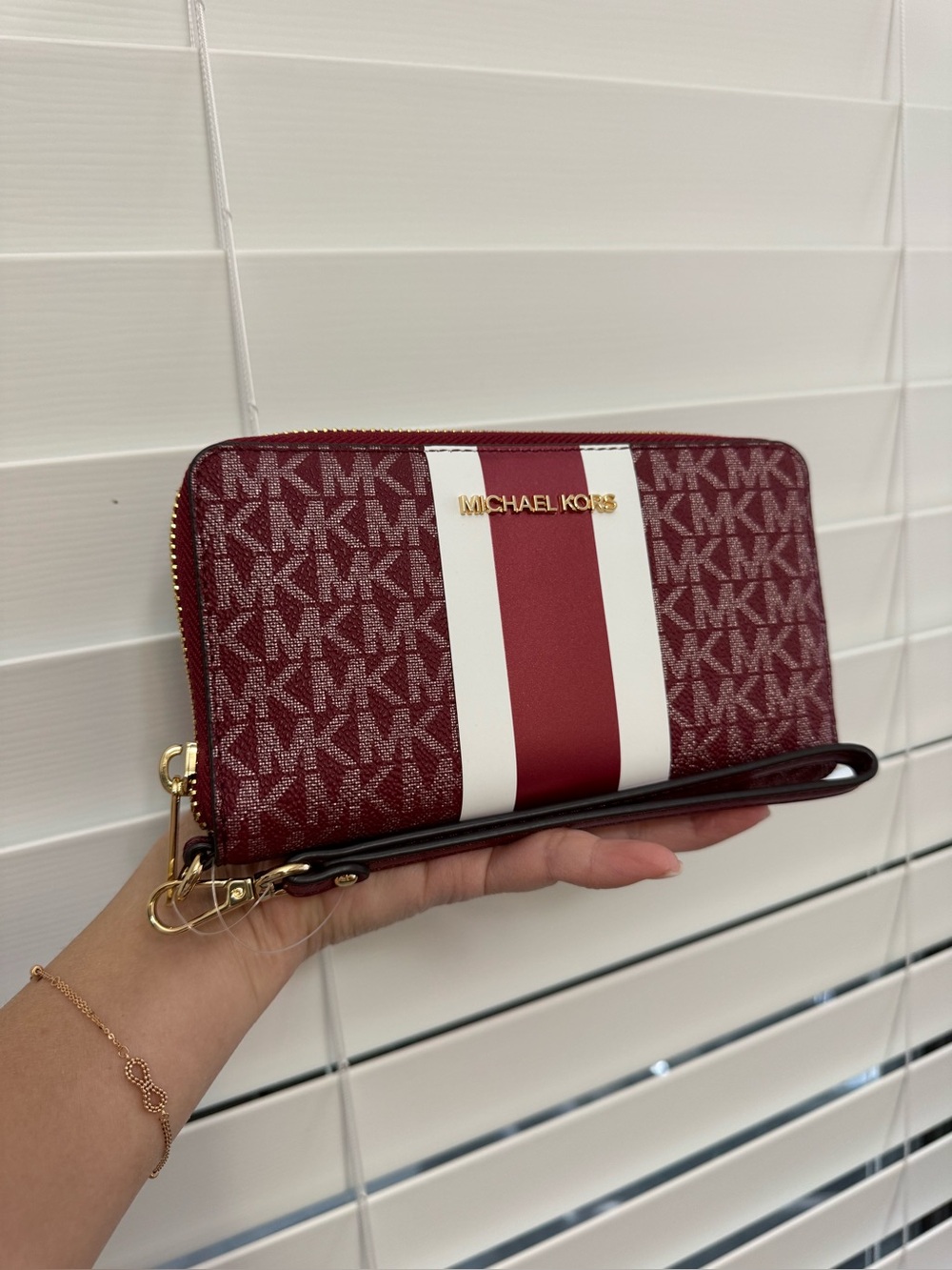 Michael Kors Burgundy Signature Stripe Wristlet